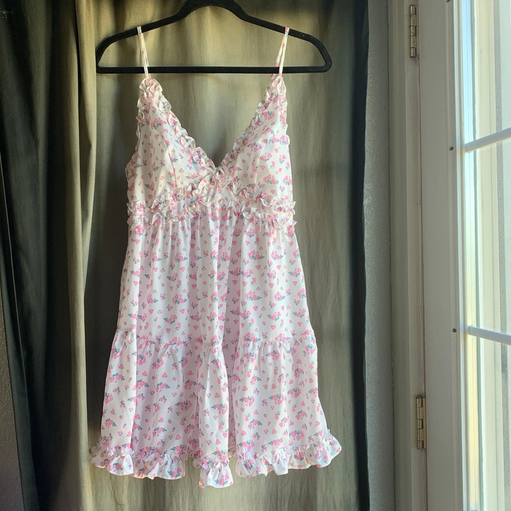 NWT Tiger Mist Claudette Pink Floral Ruffle Mini Dress Sz L Coquette Soft Girl - Picture 13 of 16